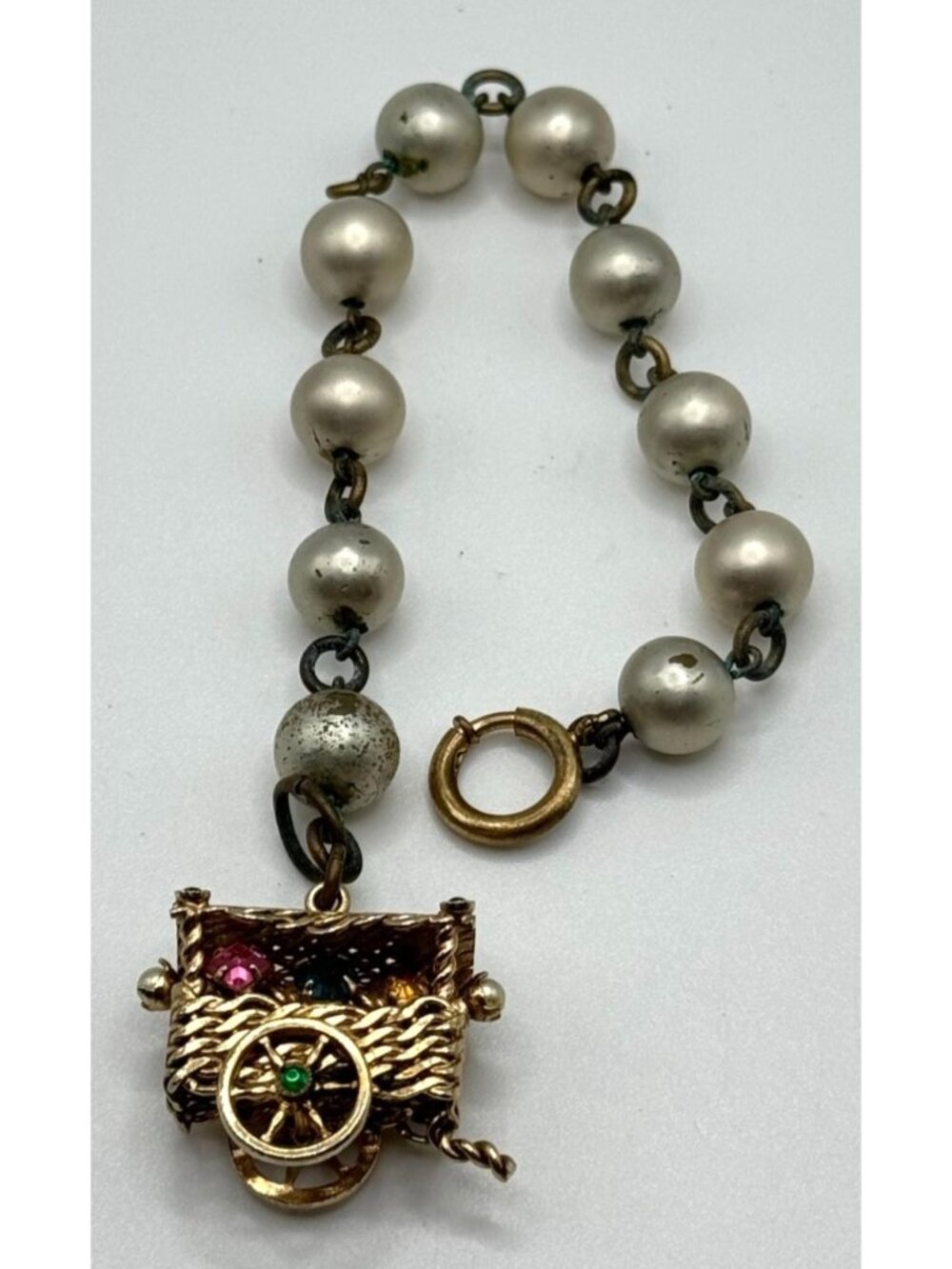 Multi Gemstone Color Moving Flower Cart Charm Faux Pearl Bracelet 1950s